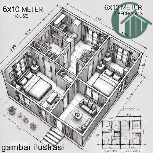 Denah Rumah 6x10 2 Kamar