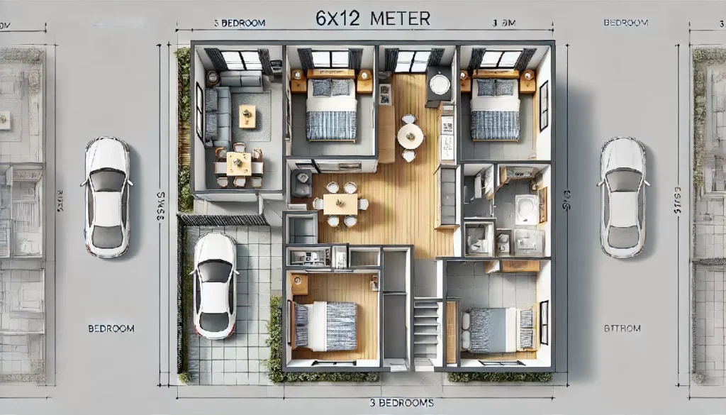 Ukuran 6x12 Denah Rumah 3 Kamar